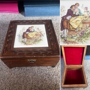 Wooden Jewelry Box with Romantic Illustration